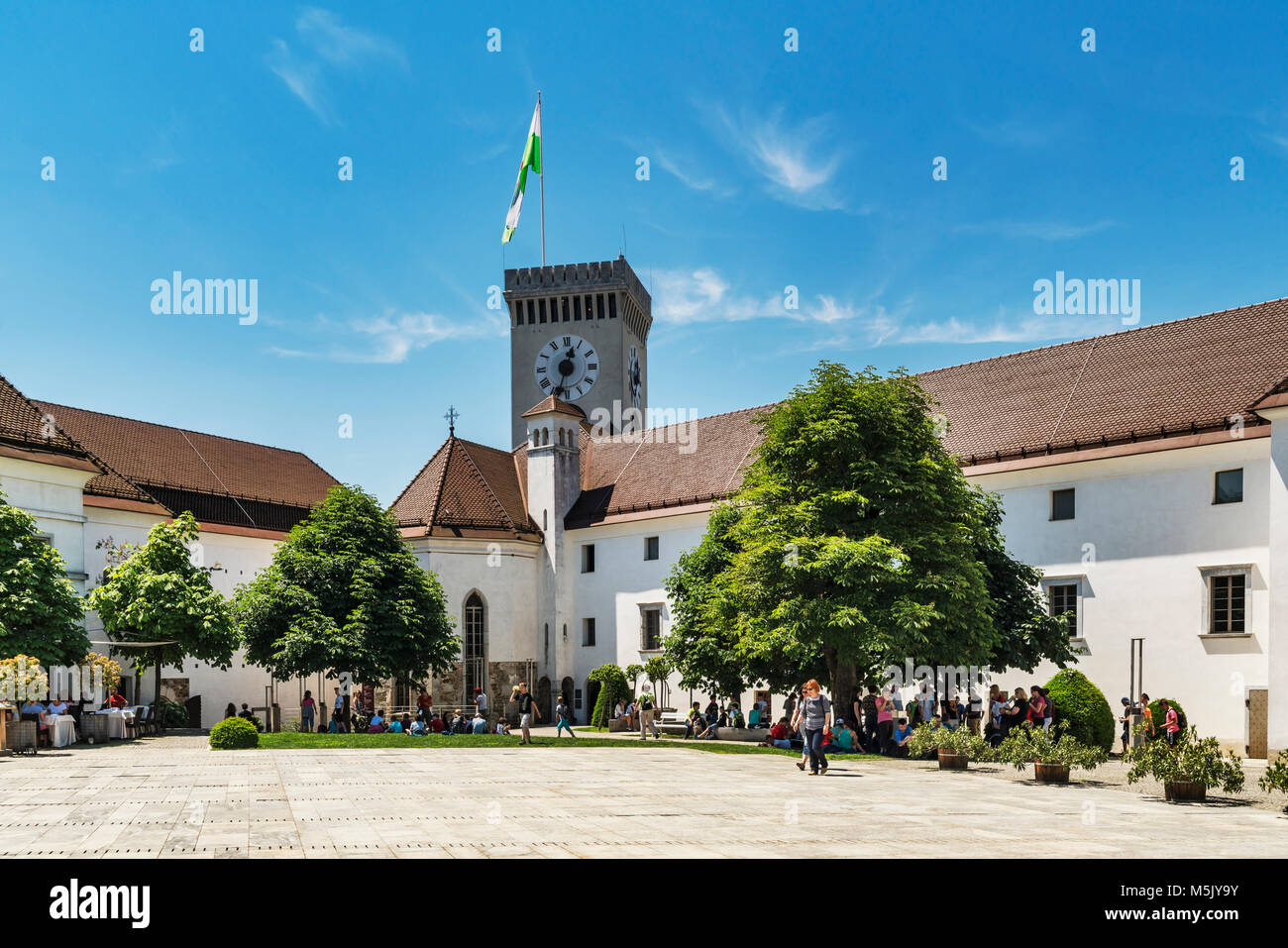 View over the courtyard of the Ljubljana Castle. The Ljubljana Castle is a powerful medieval fortress and the symbol of the Slovenian capital. Stock Photo