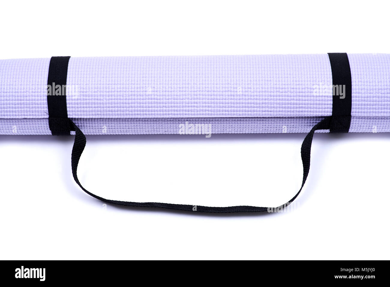 Lavender rolled yoga mat with black handy carrying strap isolated on white background Stock