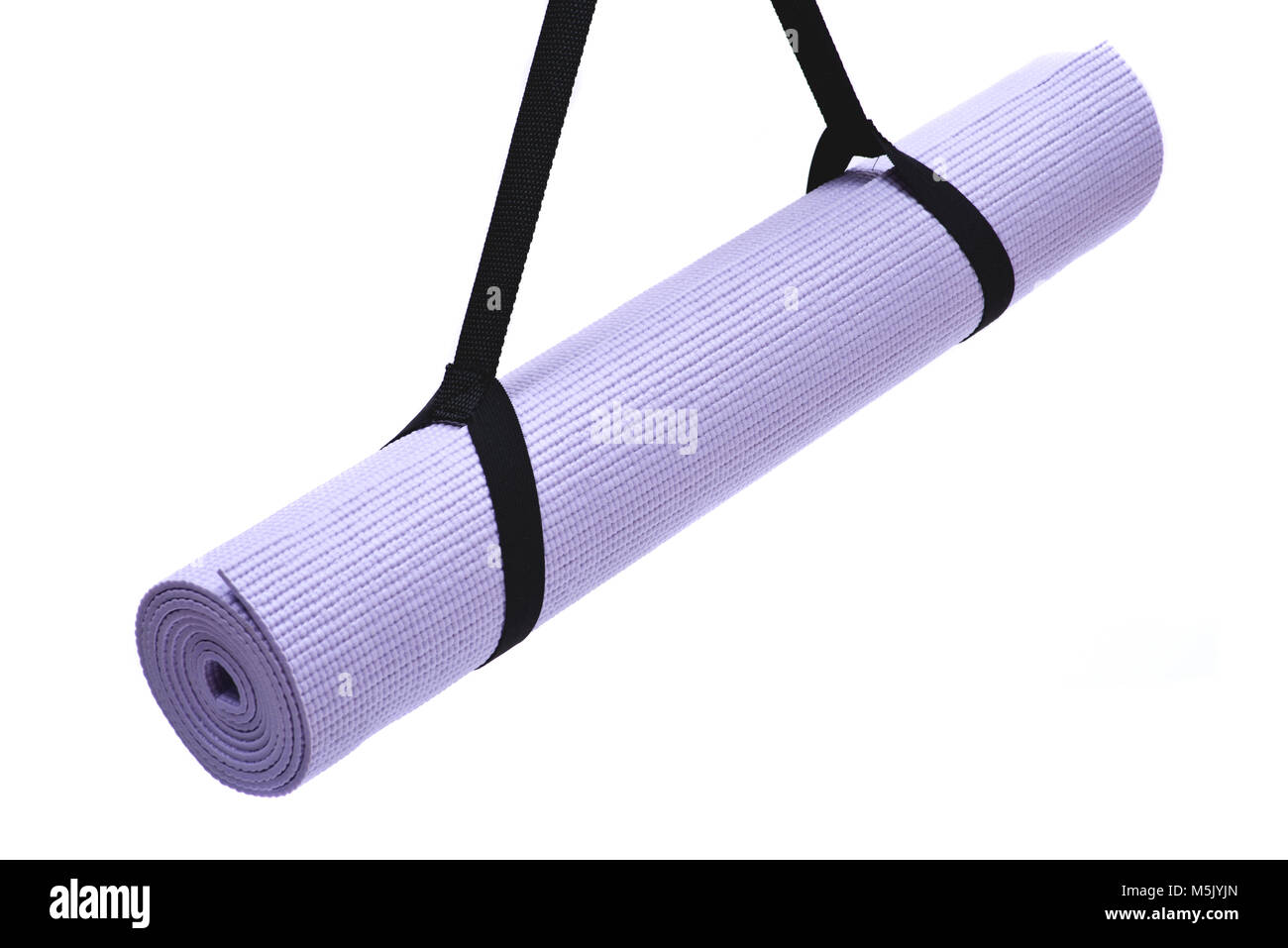 Lavender rolled yoga mat with black handy carrying strap isolated on