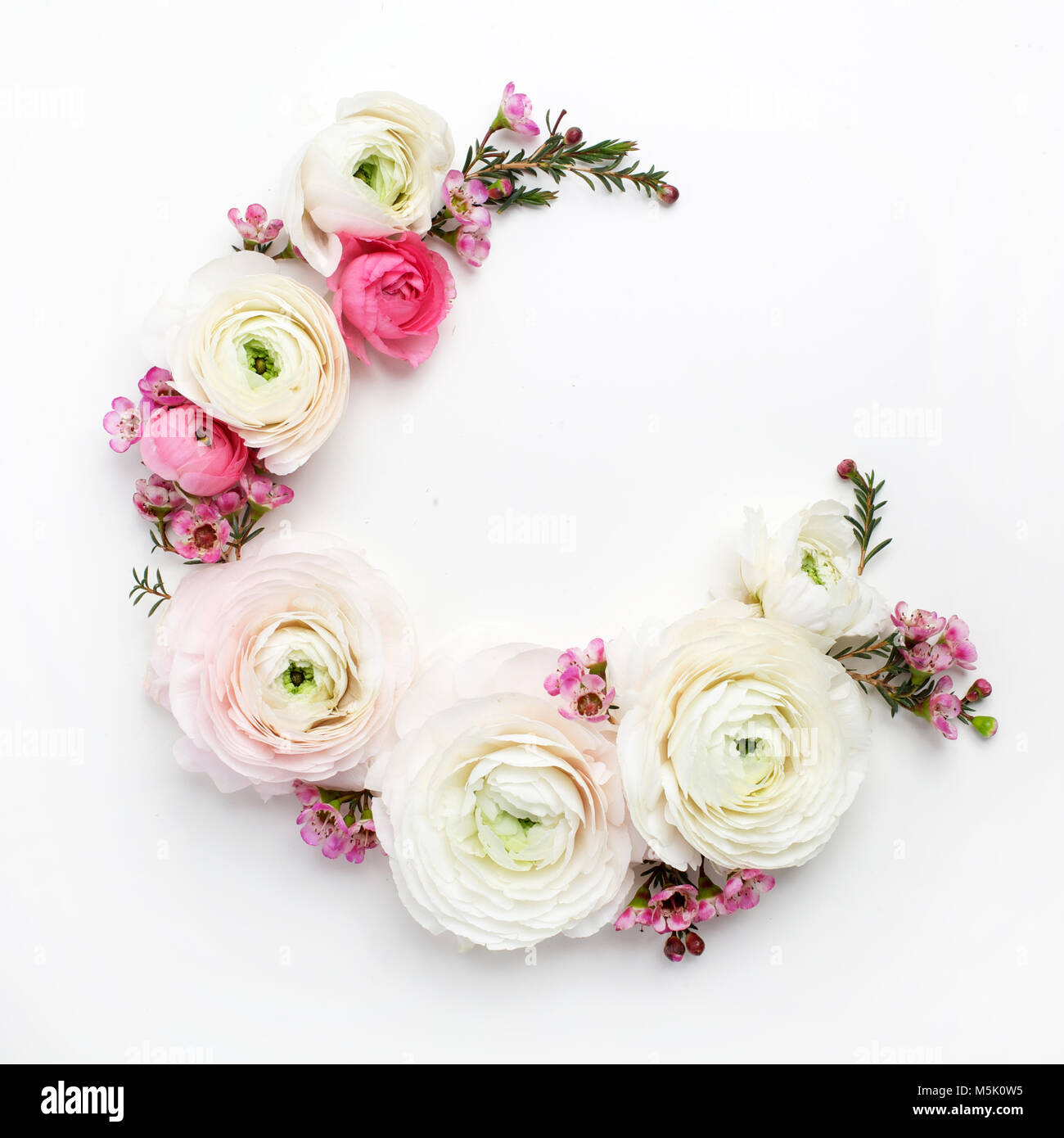 Floral round frame with ranunculus flowers, flat lay, top view with ...