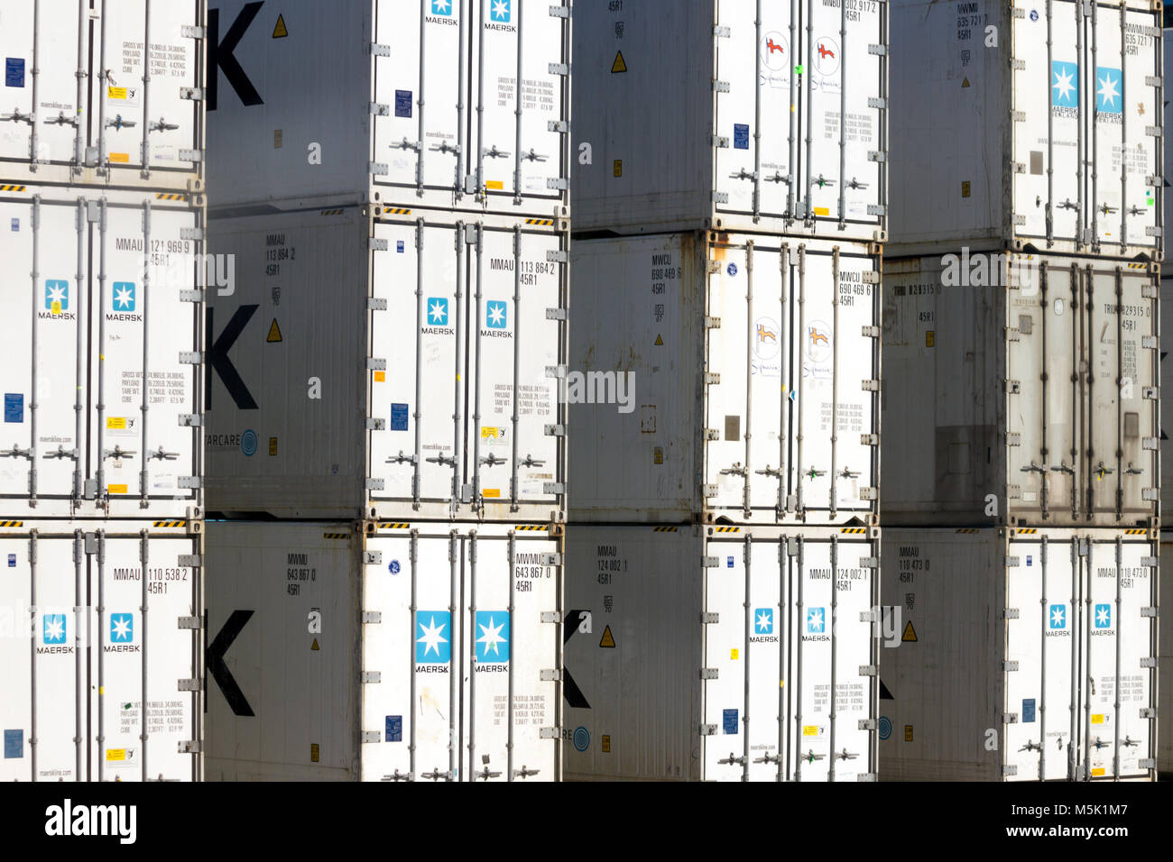 ROTTERDAM, NETHERLANDS - SEP 7, 2012: Refrigerated shipping containers stacked inth ePort of Rotterdam. Stock Photo