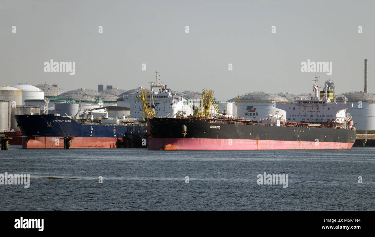 ROTTERDAM, NETHERLANDS - SEP 8, 2012: Oil terminal with moored tankers in the Port of Rotterdam. Stock Photo