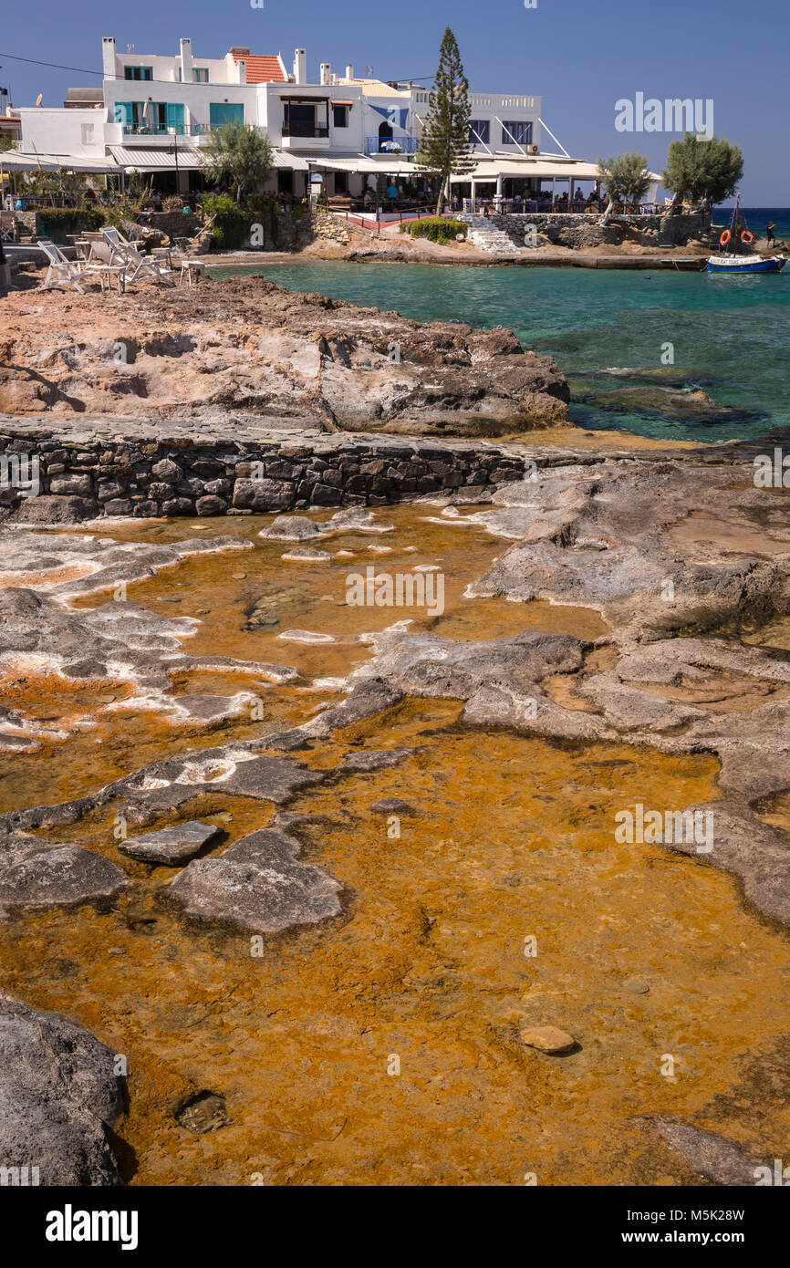 Seaside restaurants at Mochlos on the mediterranean island of Crete Stock Photo