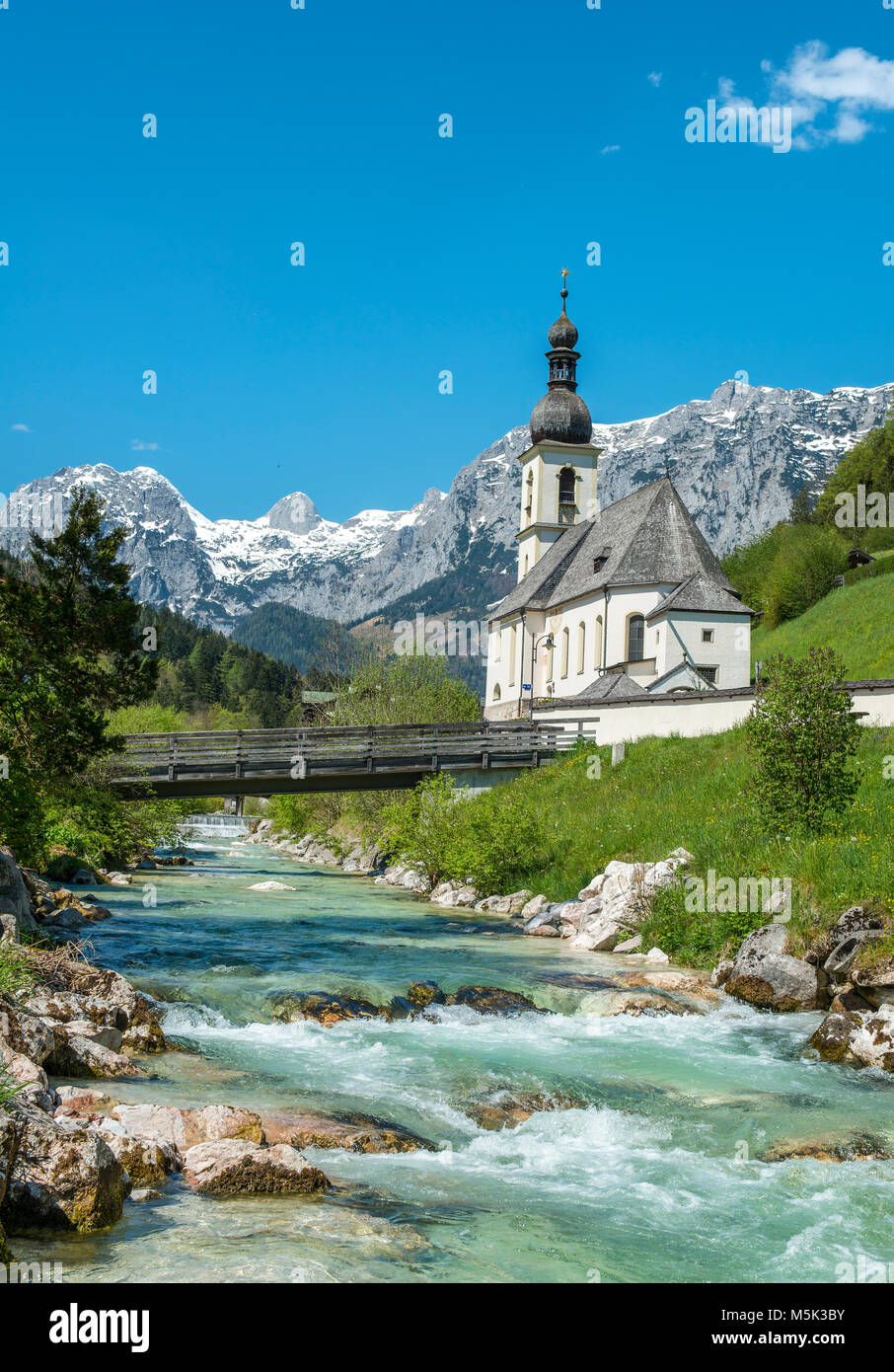 Parish church St. Sebastian, Ramsauer Ache, Reiteralpe in the background, Ramsau, Berchtesgaden area, Upper Bavaria, Bavaria Stock Photo