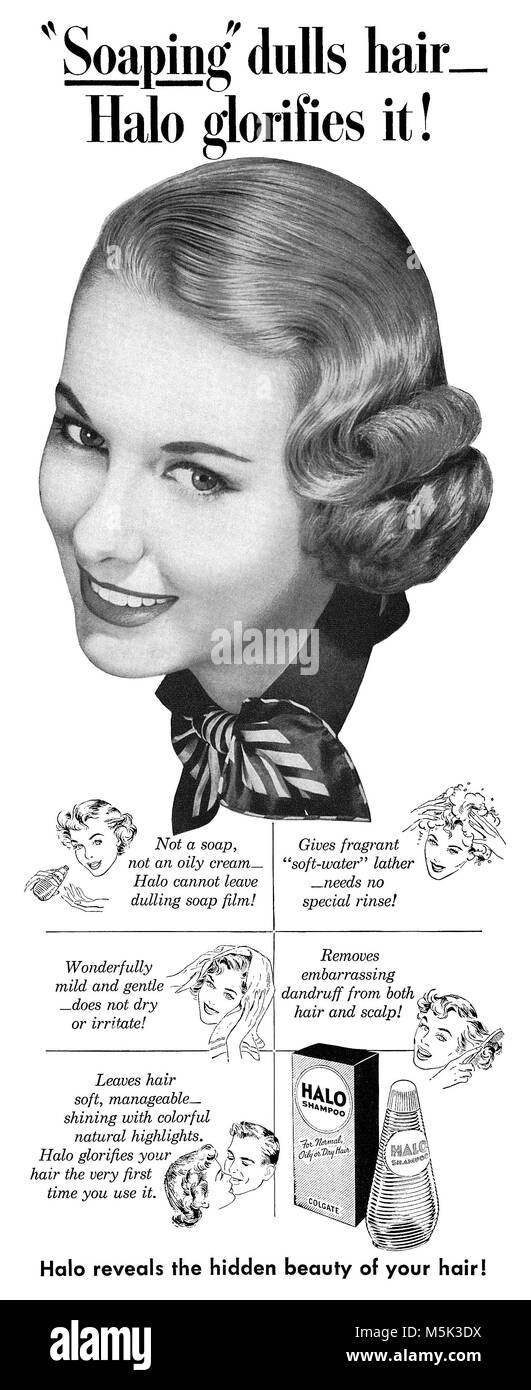 1952 British advertisement for Halo Shampoo. Stock Photo