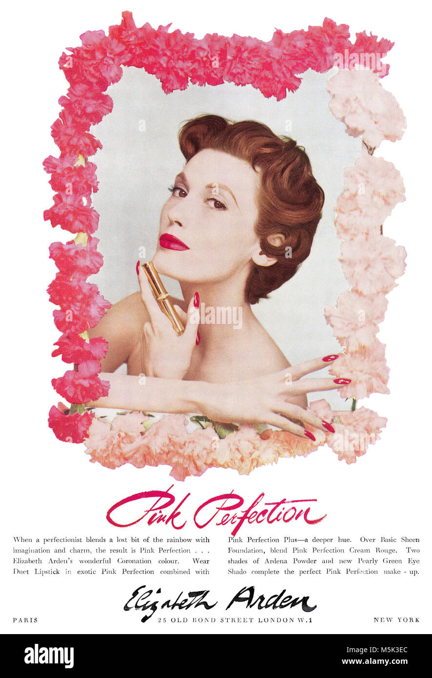 1953 British advertisement for Elizabeth Arden Pink Perfection lipstick. The model is Mary Jane Russell. Stock Photo