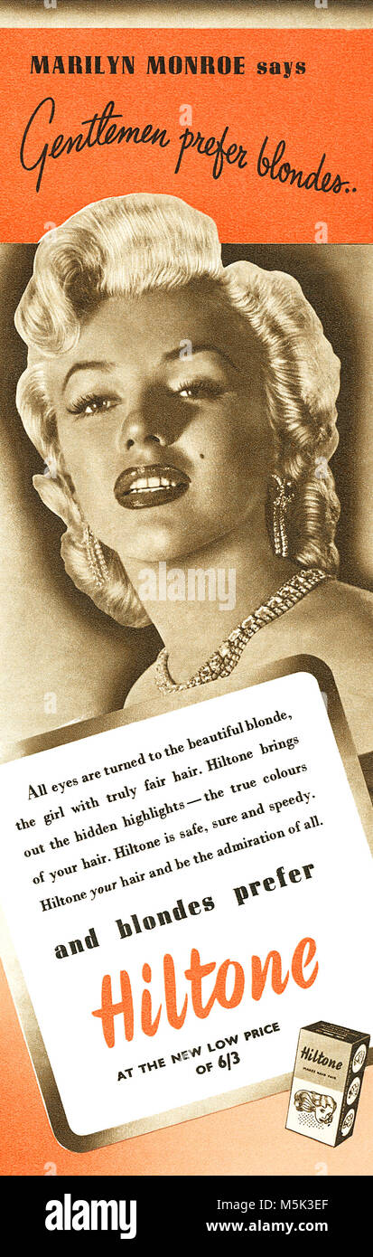 1953 British advertisement for Hiltone hair lightener, featuring actress Marilyn Monroe. Stock Photo