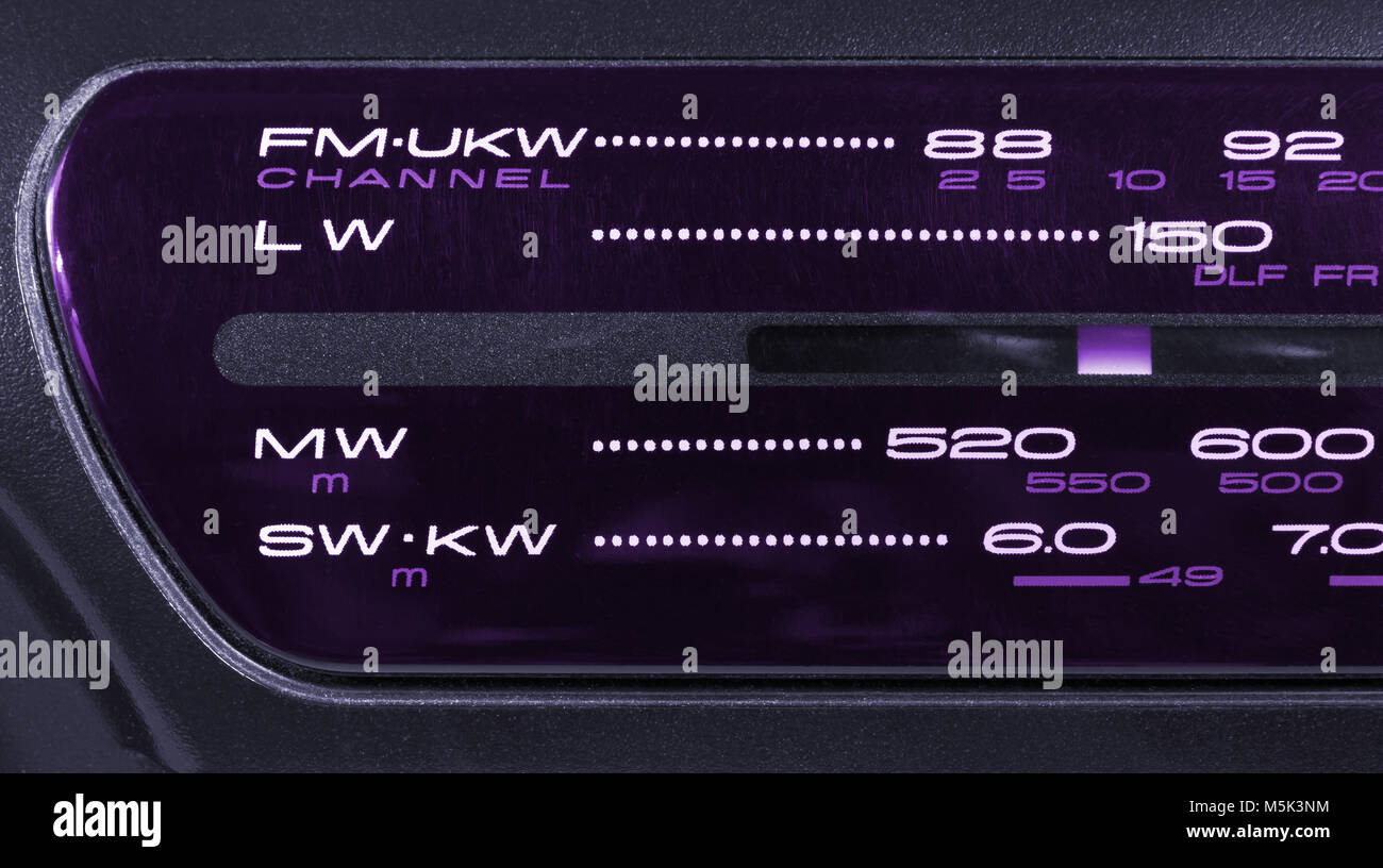 Closeup on the frequency display of a radio FMLWMWSW tuner Stock