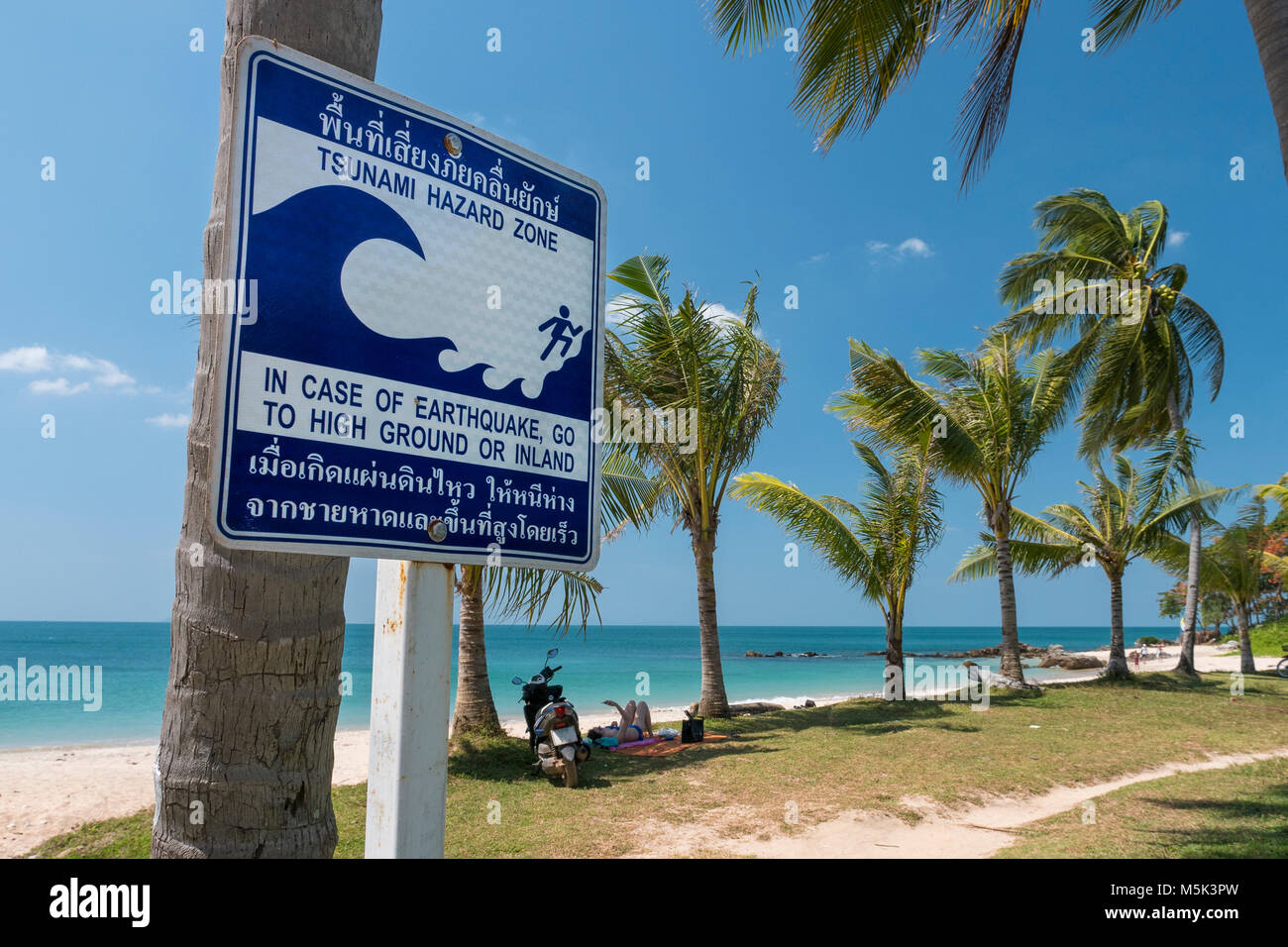 tsunami signboard in the beach, thailand, ko lanta island Stock Photo