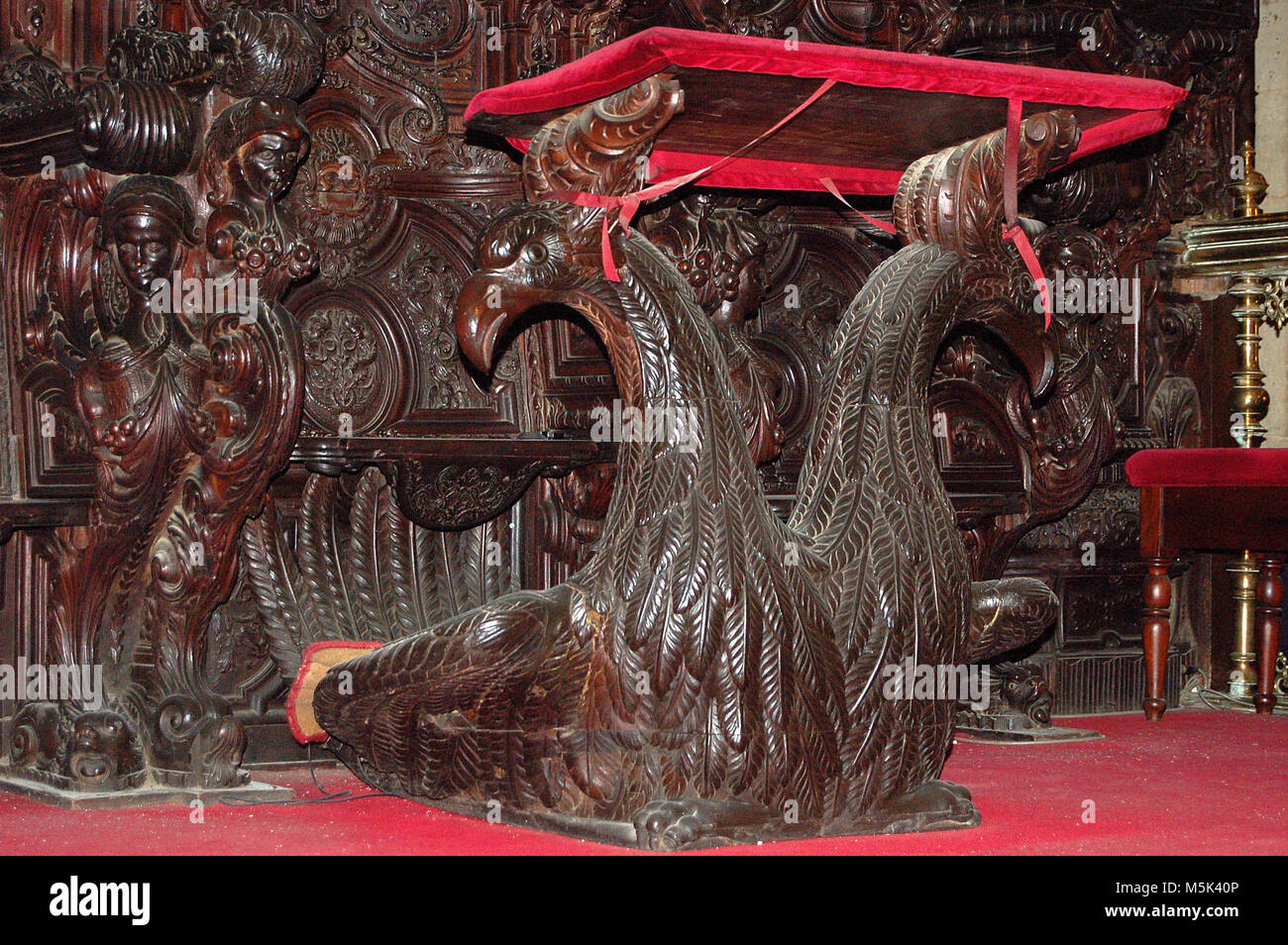 Beautiful mahogany wood carving in the choir of the Cathedral of Our