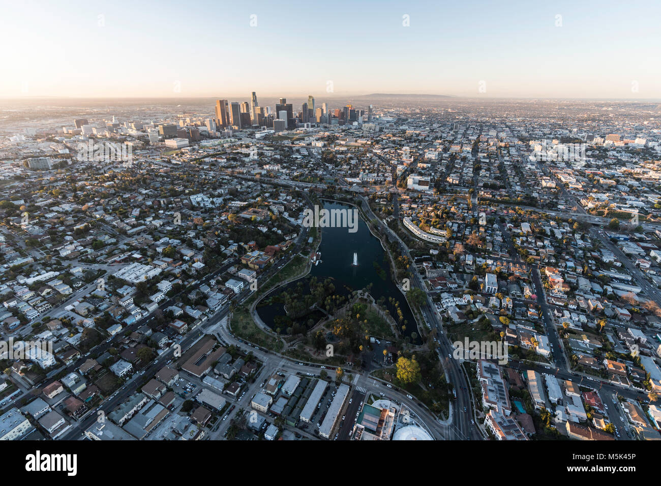 Sunrise aerial view of Echo Park and downtown Los Angeles in Southern California. Stock Photo