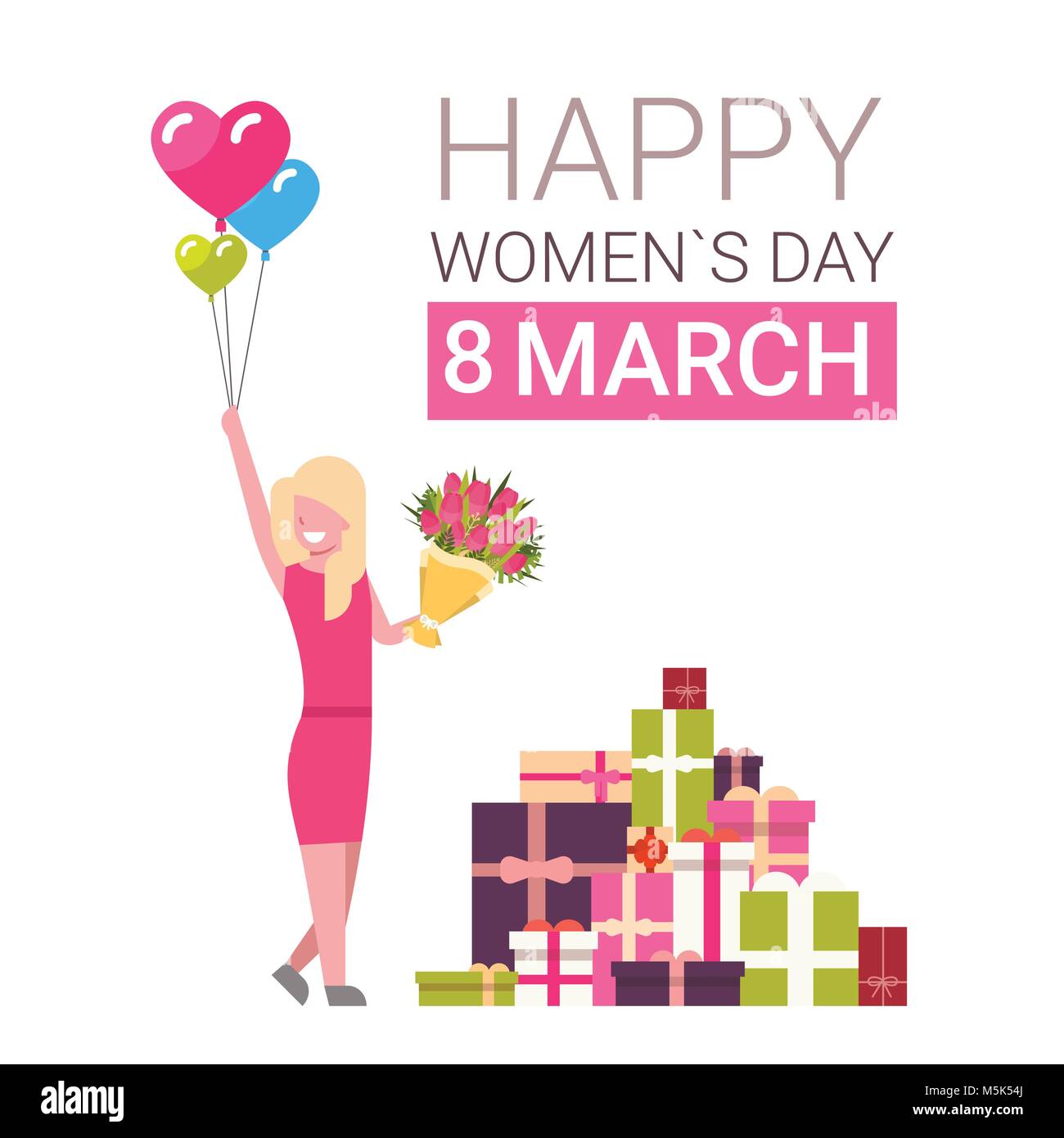 Happy Women Day 8 March Greeting Card With Girl Over Gift Boxes Holding ...