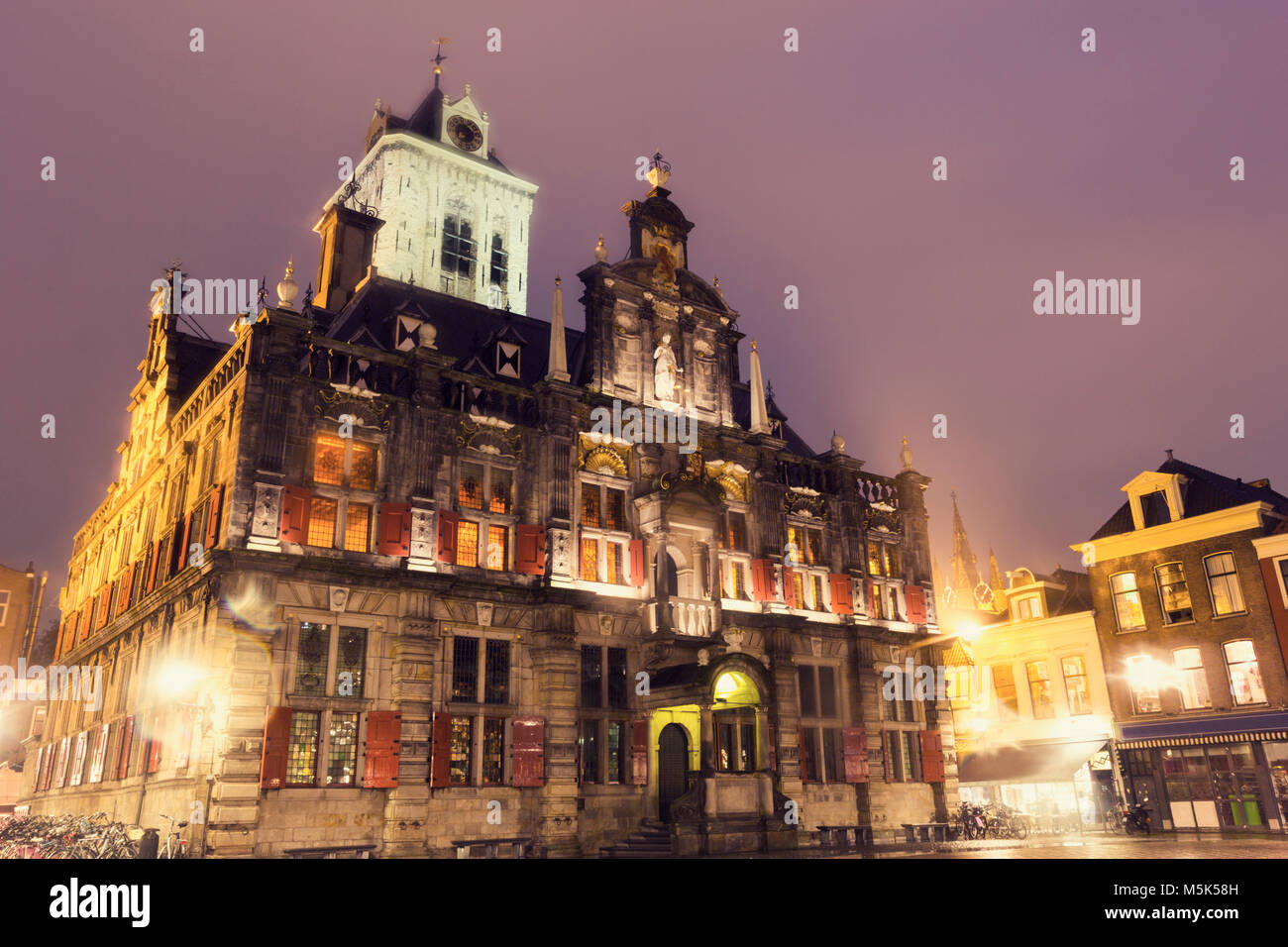 Delft City Hall at night. Delft, South Holland, Netherlands. Stock Photo