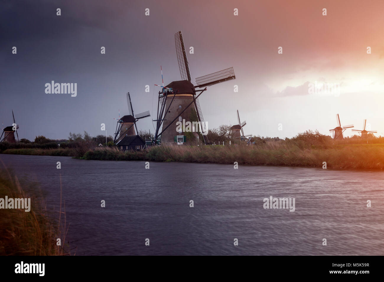 Windmills at Kinderdijk. Kinderdijk, South Holland, Netherlands Stock Photo