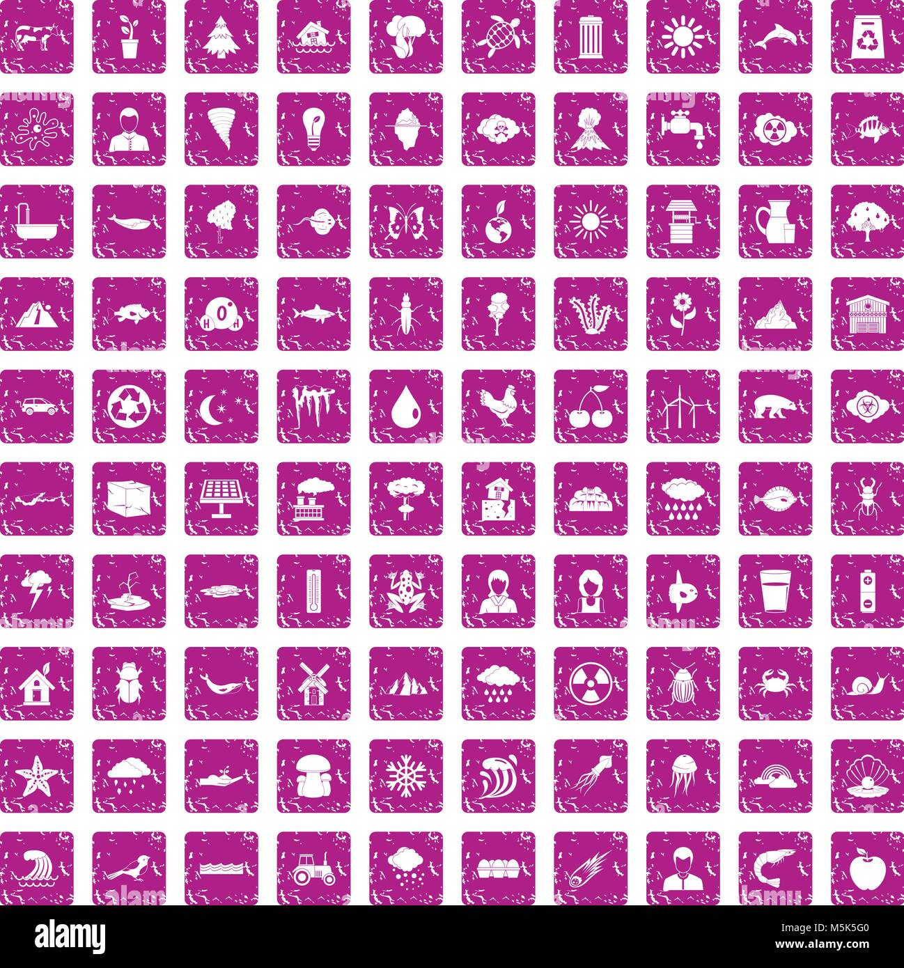 100 earth icons set grunge pink Stock Vector
