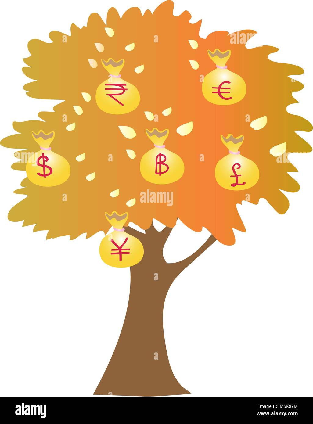 A golden cartoon tree with bags of money Stock Vector