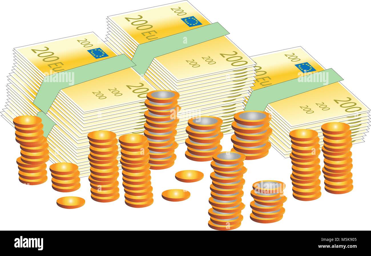 A vector illustration of piles of banknotes and stacks of coins Stock Vector