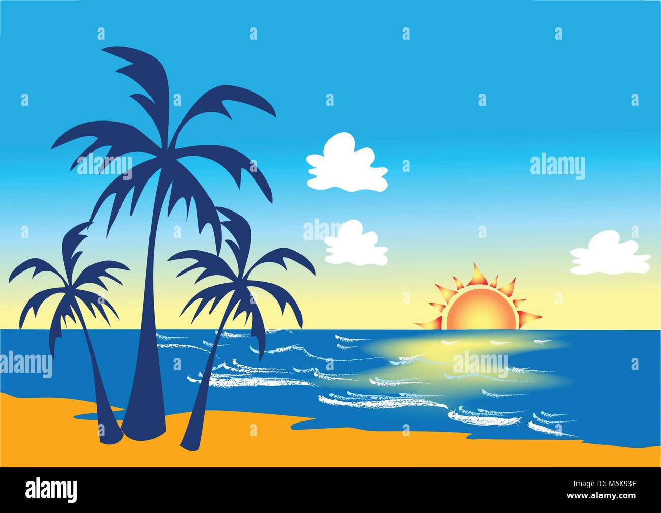 Hand drawn vector abstract cartoon summer time graphic illustrations art  template background with ocean beach landscape,pink sunset,boys and girls  on beach scene and summer never ends typography Stock Vector