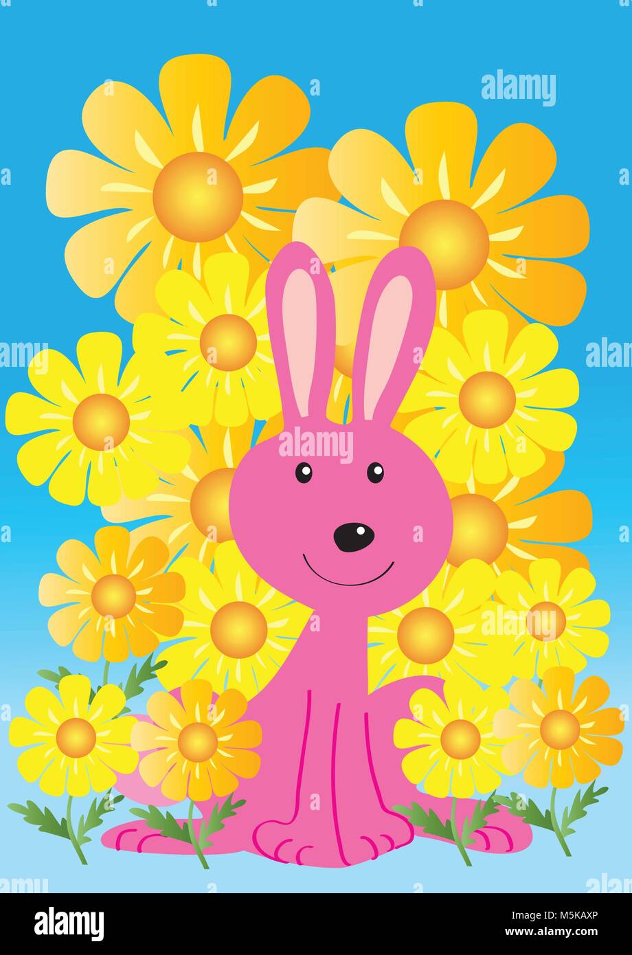 A cartoon pink bunny rabbit with golden yellow daisy flowers Stock Vector