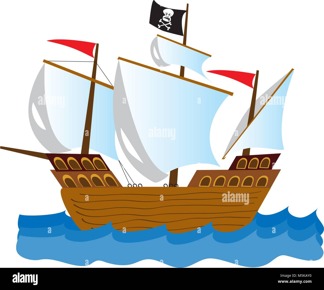 A cartoon pirate ship with a jolly roger flag Stock Vector