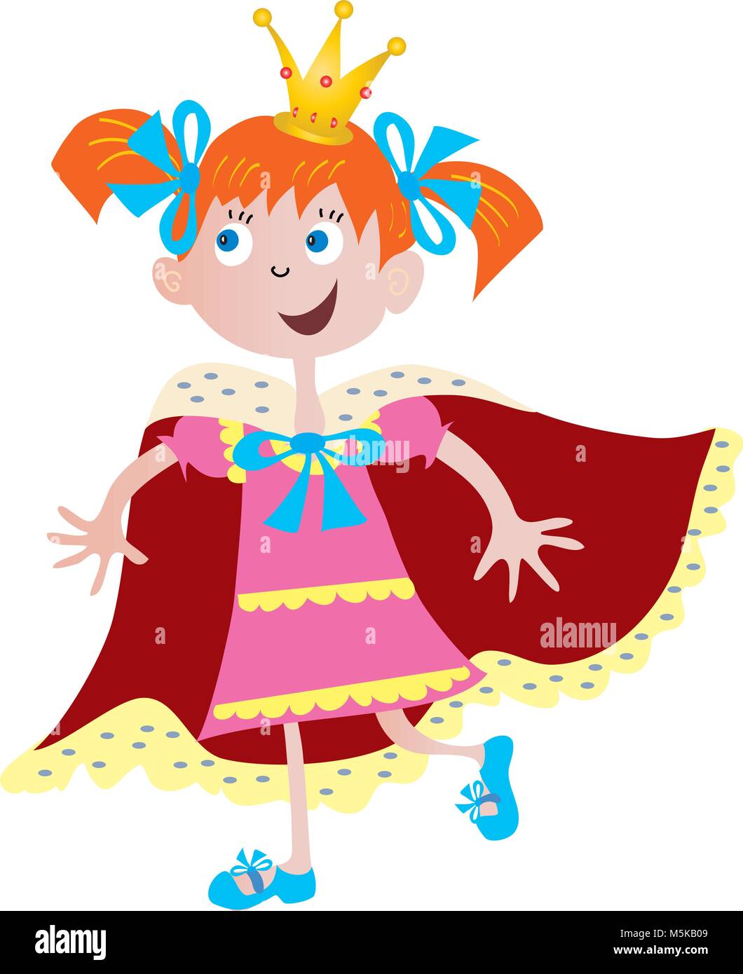 A cartoon princess with a small golden crown, a red velvet cloak and blue bows in her hair Stock Vector