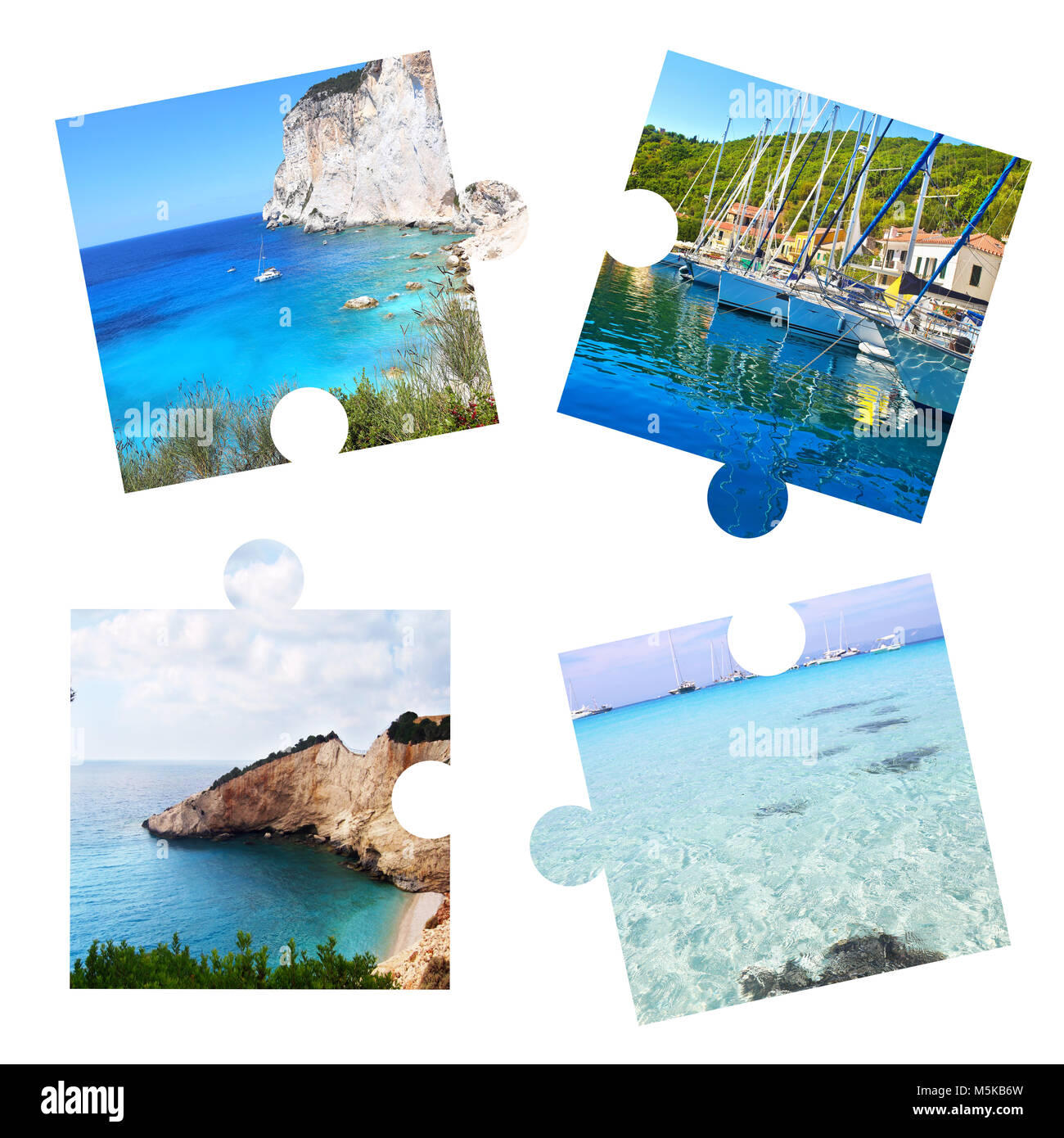 photo collage with Ionian islands in puzzle pieces - Paxos, Ithaca, Lefkada, Antipaxos islands Stock Photo