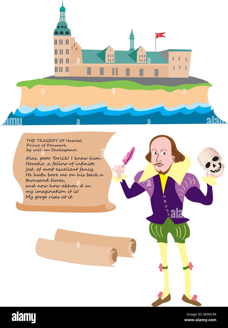 A cartoon William Shakespeare with a skull in his hand and a scroll with a speech from his famous play Hamlet. Elsinore castle in the background Stock Vector