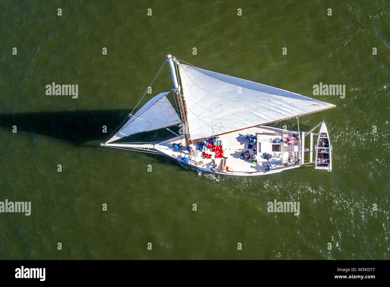 View from directly above traditional Skipjack boat as it coasts along