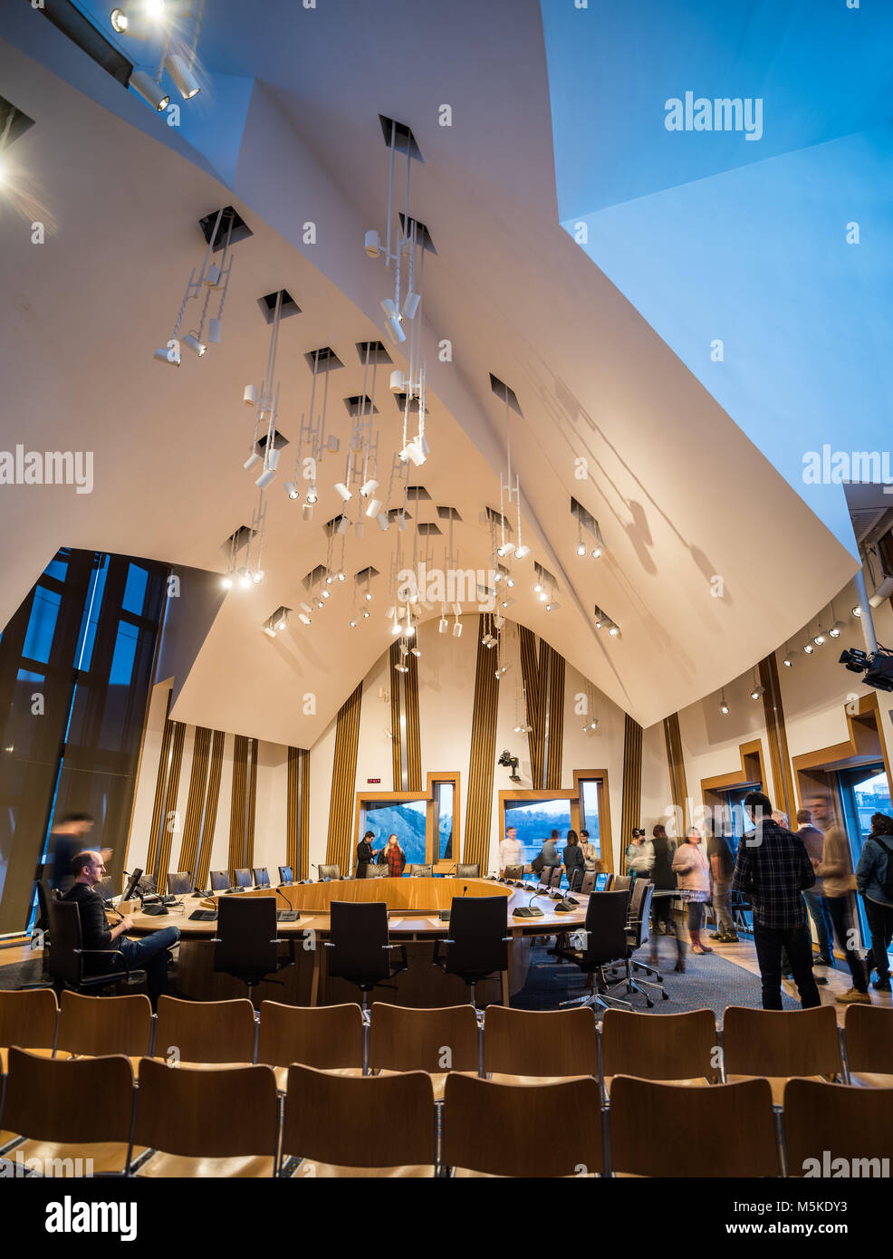 A committee room of the Scottish Parliament, Edinburgh, Scotland, photographed at night in February 2018. Stock Photo