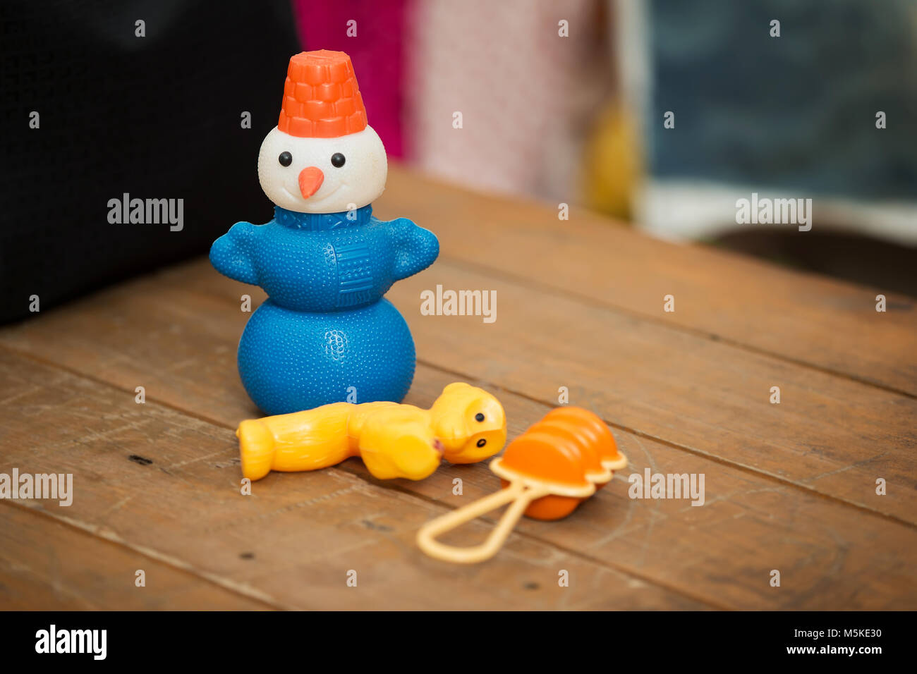 Old Soviet toys are a snowman, a monkey and a rattle. Retro Toys Stock Photo