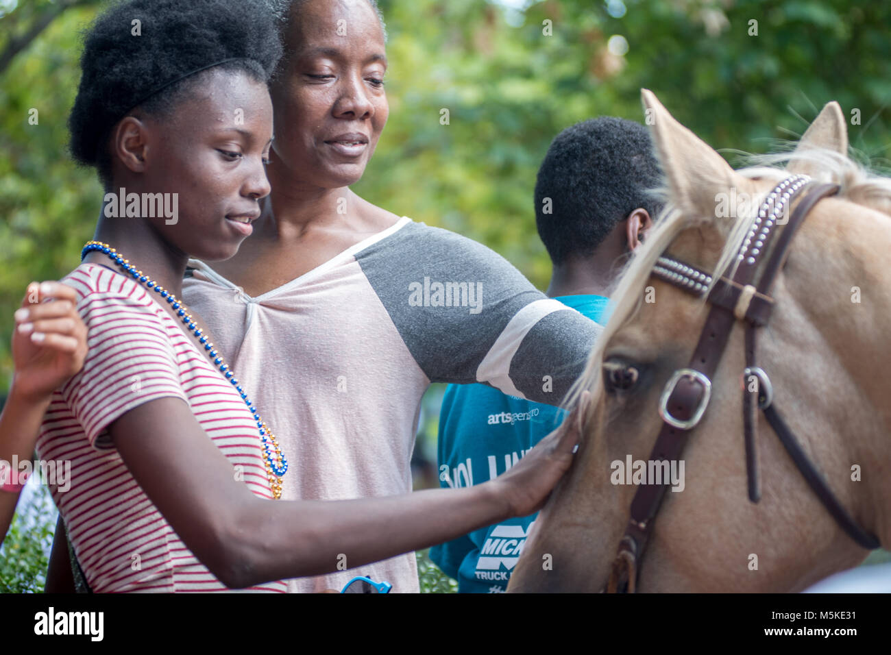 Two African American women gently pet horse in park, Tifton, Georgia. Stock Photo