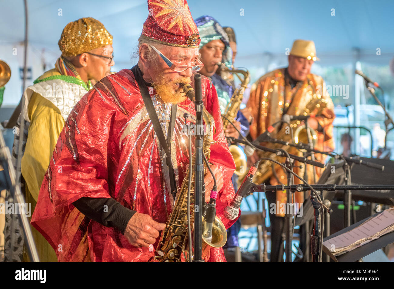 National  Folk Festival in Greensboro NC -  Sun Ra Arkestra free jazz   Marshall Allen  Greensboro, North Carolina. Stock Photo