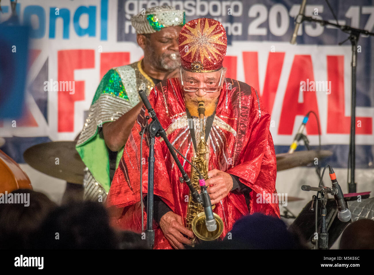 Marshall Allen, the bandleader of Sun Ra Arkestra, wailing on saxophone at National Folk Life Festival, Greensboro, North Carolina. Stock Photo