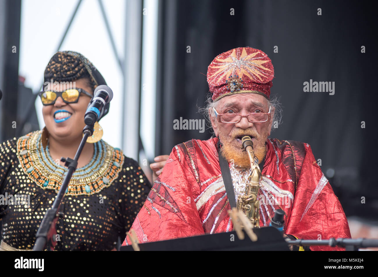 Marshall Allen Band Leader For Sun Ra Arkestra Belts Out On The Saxophone On Stage With One Of His Female Band Members At National Folk Life Festiva Stock Photo Alamy Marshall Allen Band Leader For Sun Ra Arkestra Belts Out On The Saxophone On Stage With One Of His Female Band Members At National Folk Life Festiva Stock Photo Alamy