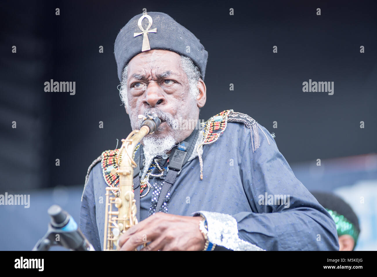 Member from the musical group, Sun Ra Arkestra, playing a saxophone, Greensboro, North Carolina. Stock Photo