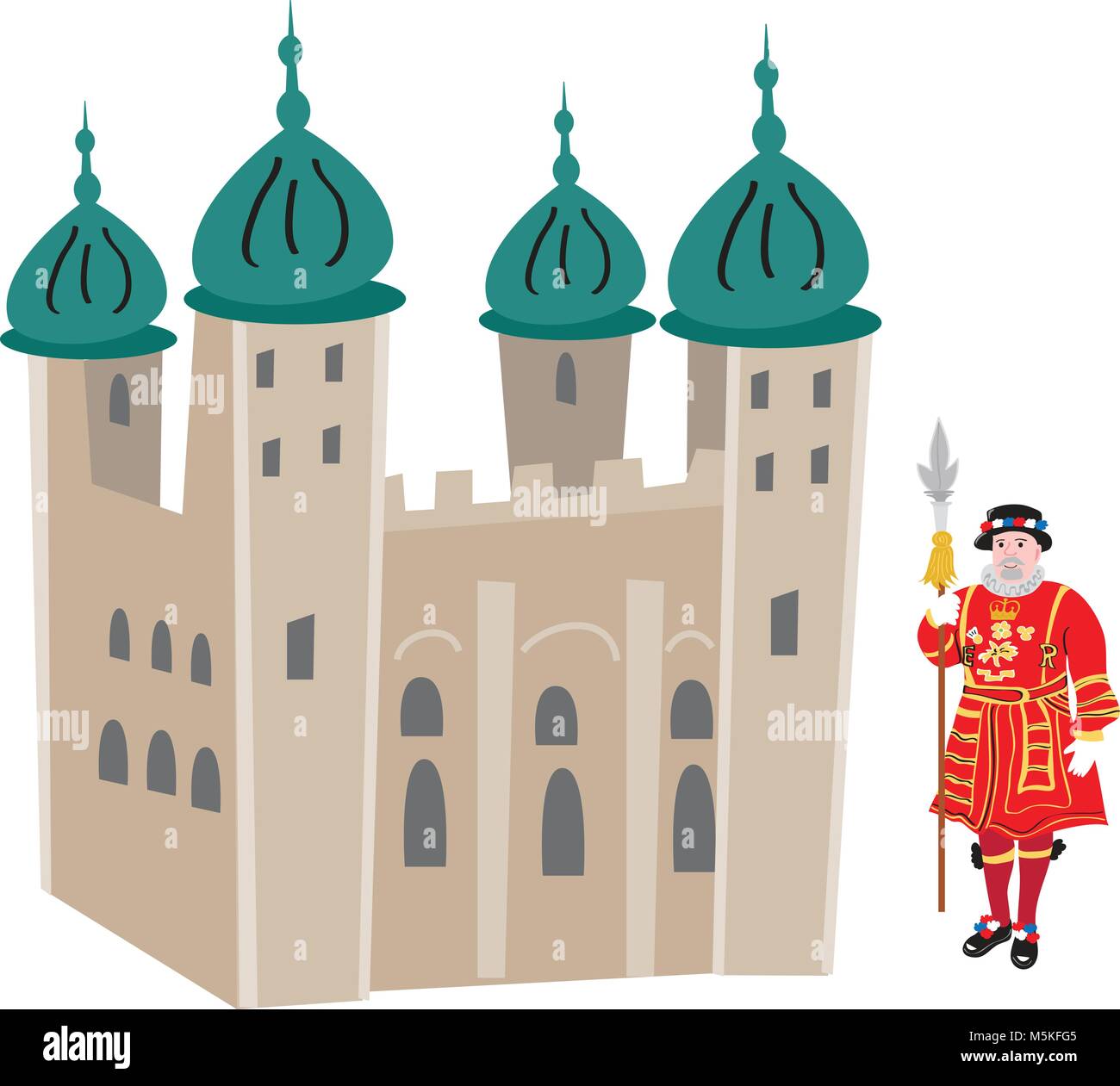 A cartoon illustration of the tower of London and a beefeater Stock