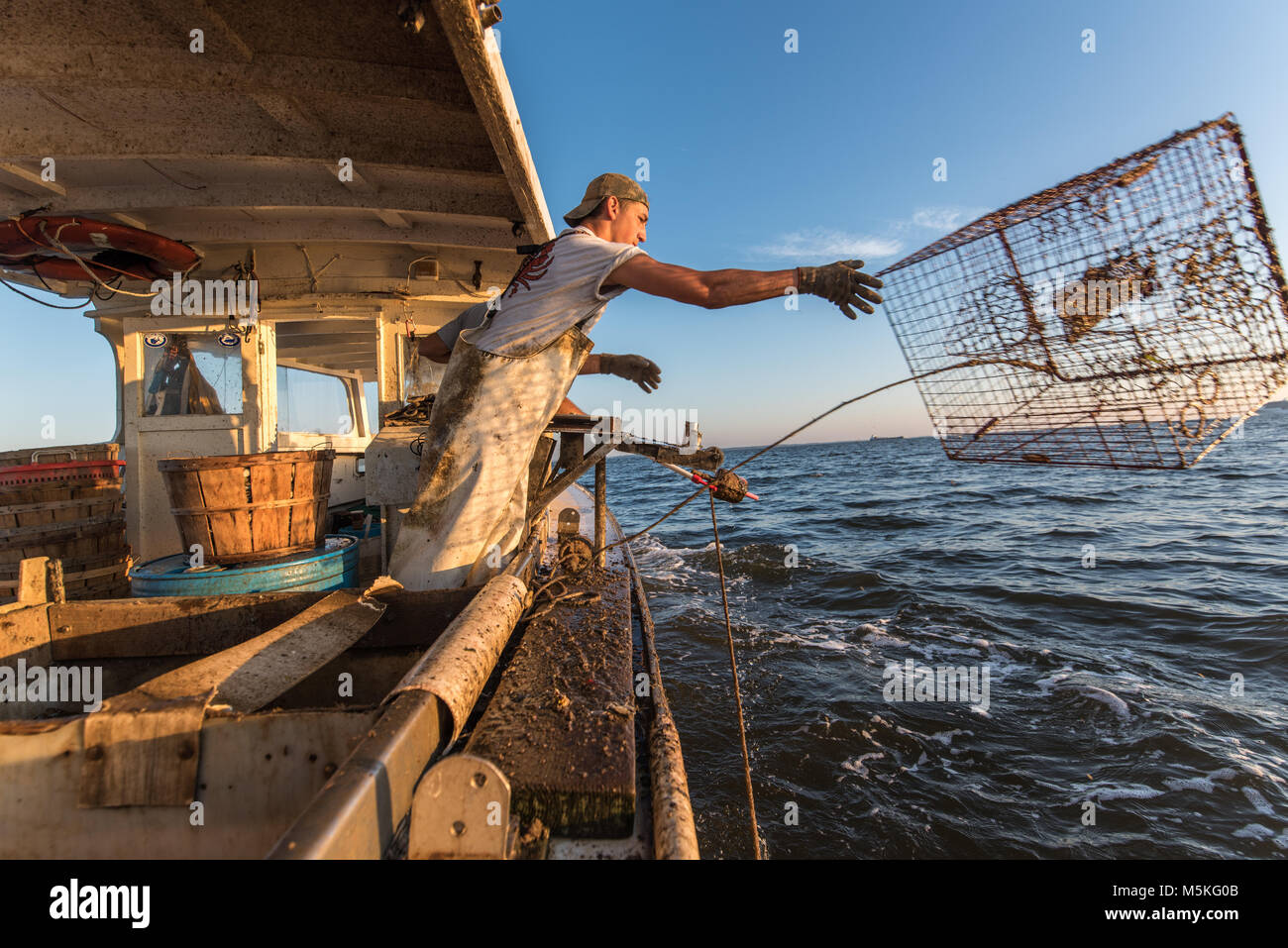 Young waterman throwing crab trap off of boat and back into the Chesapeake Bay, Dundalk, Maryland. Stock Photo