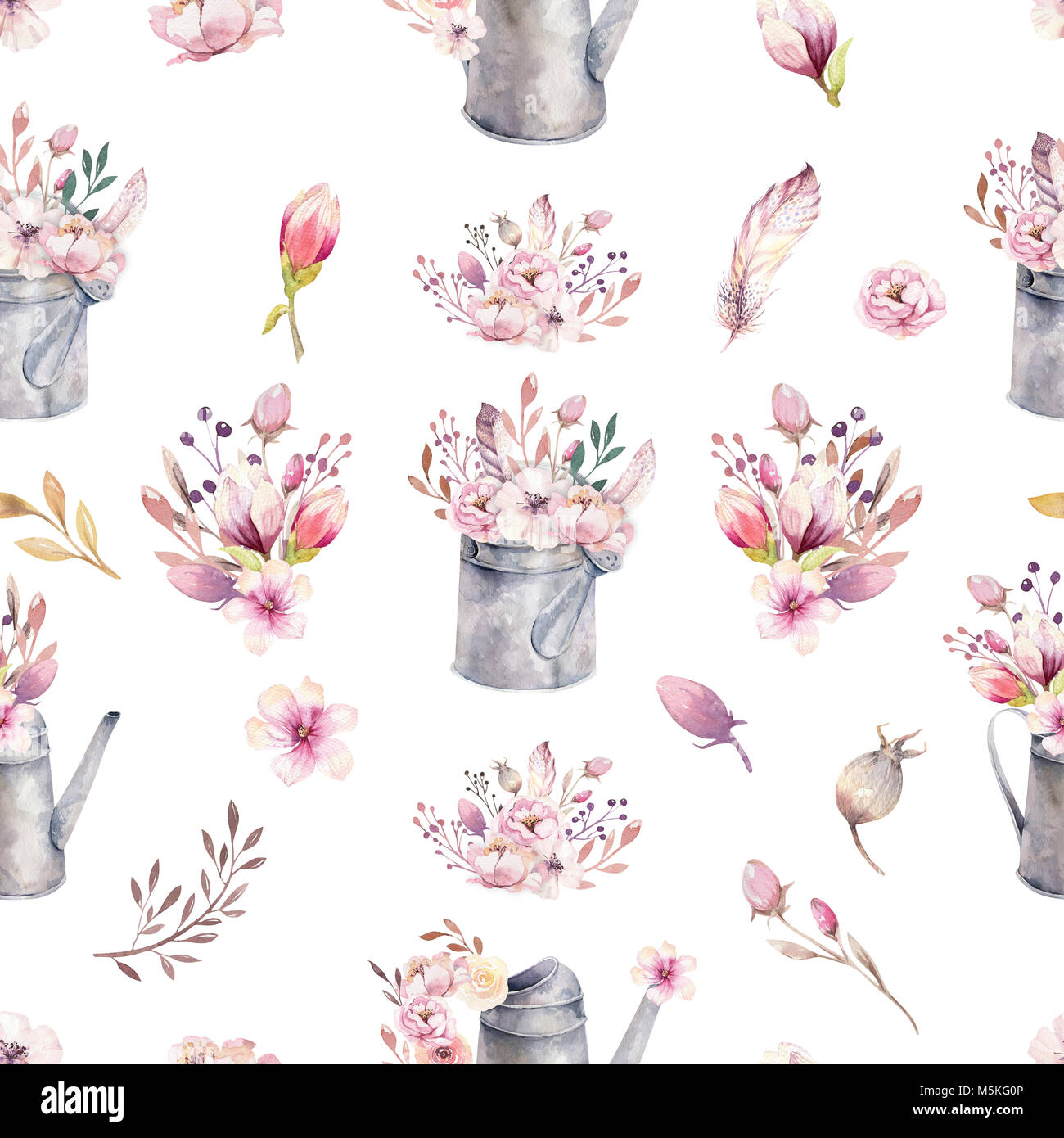 Watercolor vintage seamless pattern gardening tools rusty tin watering can for watering flowers. Hand drawn boho illustration with flower bouquets Stock Photo