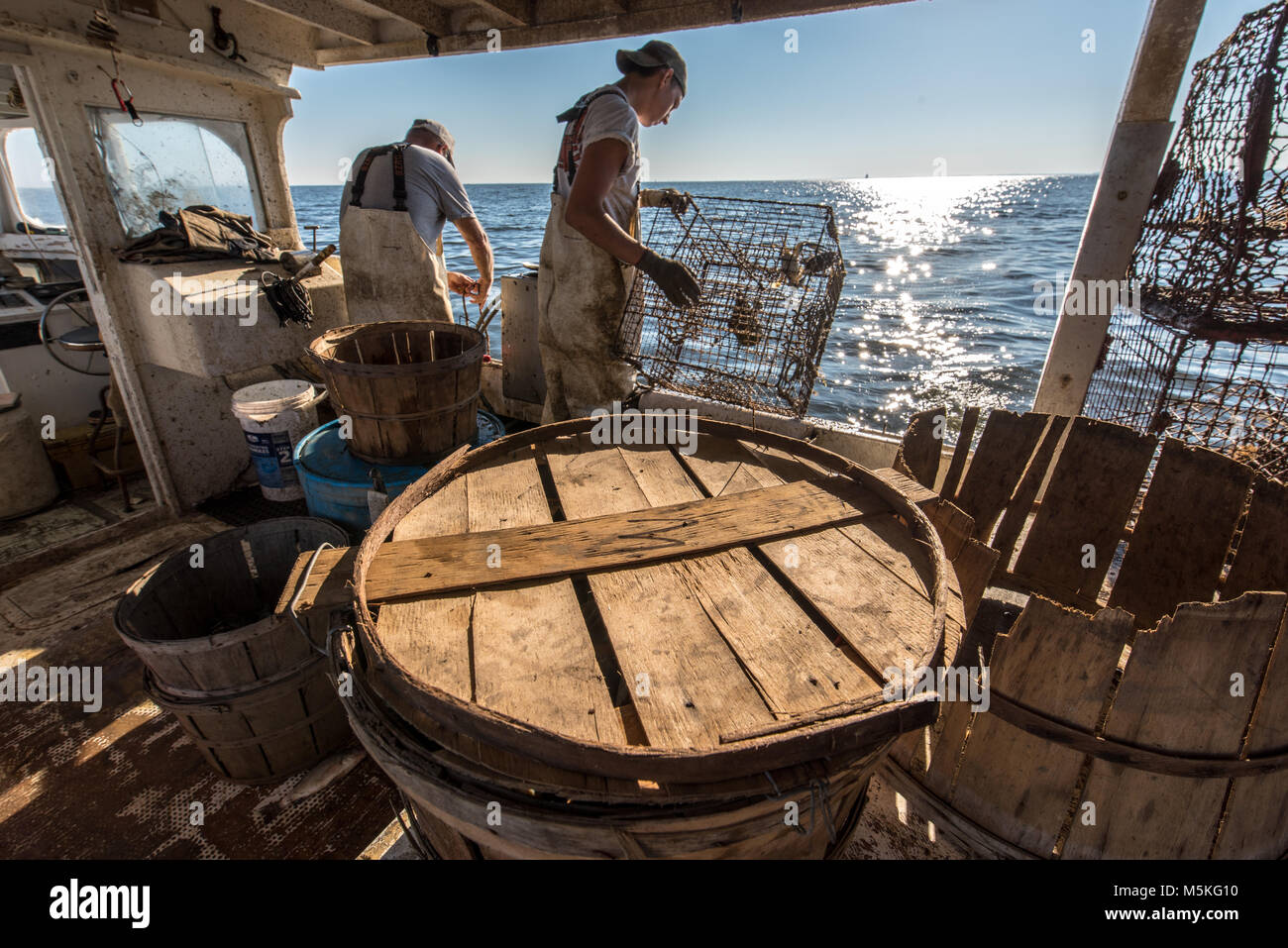 Young and elderly watermen check crab traps together on boat in the Chesapeake Bay, Dundalk, Maryland. Stock Photo