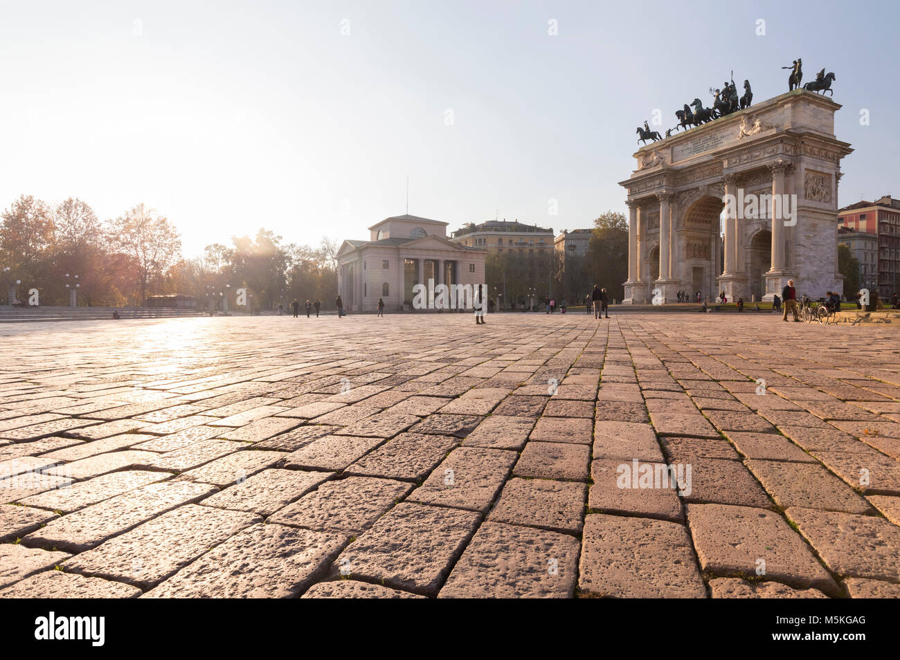 View of the Arco della Pace monument in Piazza Sempione. Milan, Lombardy, Italy. Stock Photo