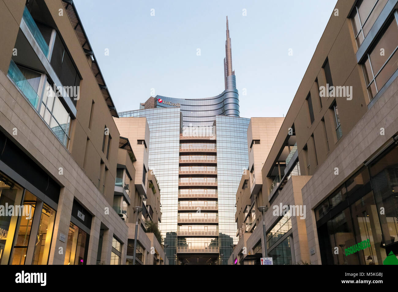 View of the Unicredit Tower spire from the Corso Como avenue. Milan, Lombardy, Italy. Stock Photo