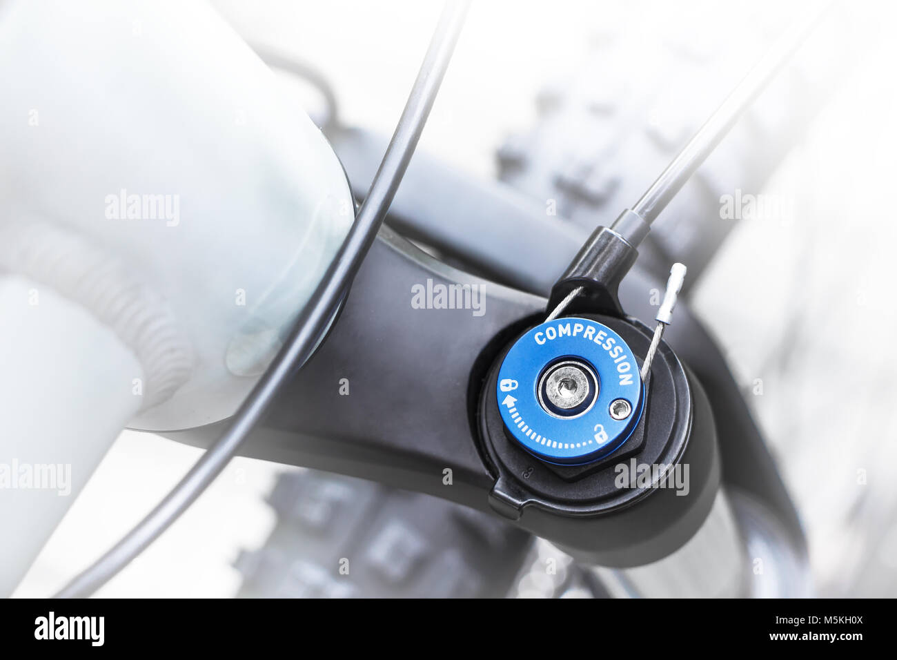 Shock Absorber And Gear Detail Close Up Shot Of Top Cap Of Mountainbike Front Suspension That Is Adjustable On High And Low Speed Compression Stock Photo Alamy