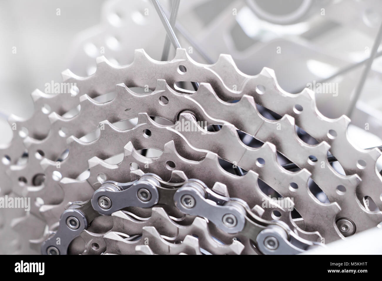 Bicycle gear and disk brake detail, close up shot of new and clean silver mountainbike metal chain rings Stock Photo