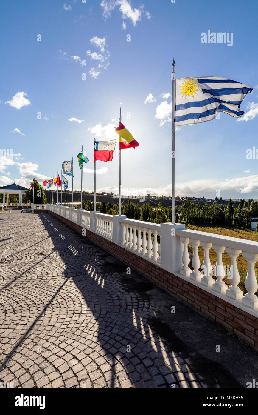 International flags flying; Hotel Unique Luxury; El Calafate; Argentina Stock Photo