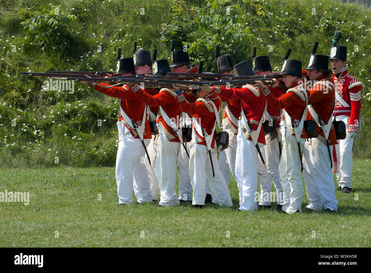 A musket firing demonstration at the Fort George Historic Site, Niagara-on-the-Lake, Ontario, Canada Stock Photo