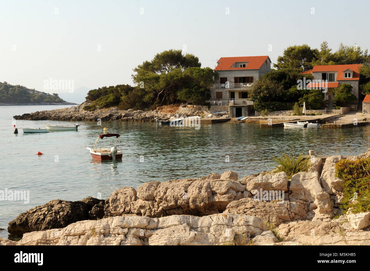 Traditional village on the shore of the Adriatic sea, house near the sea. Prizba village island of Korcula Stock Photo