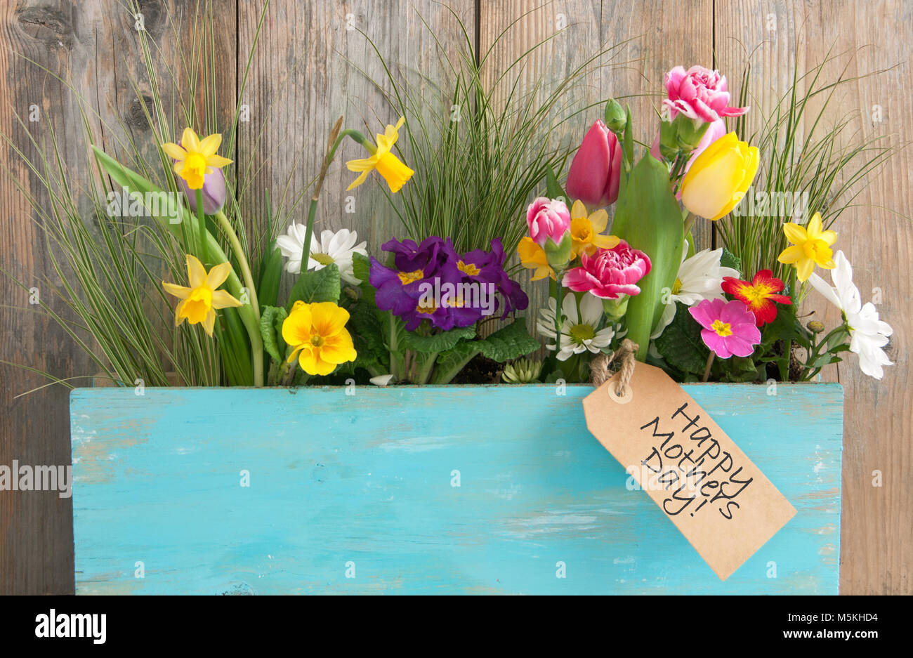 Assorted spring flowers inside a wooden plant holder with mothers day