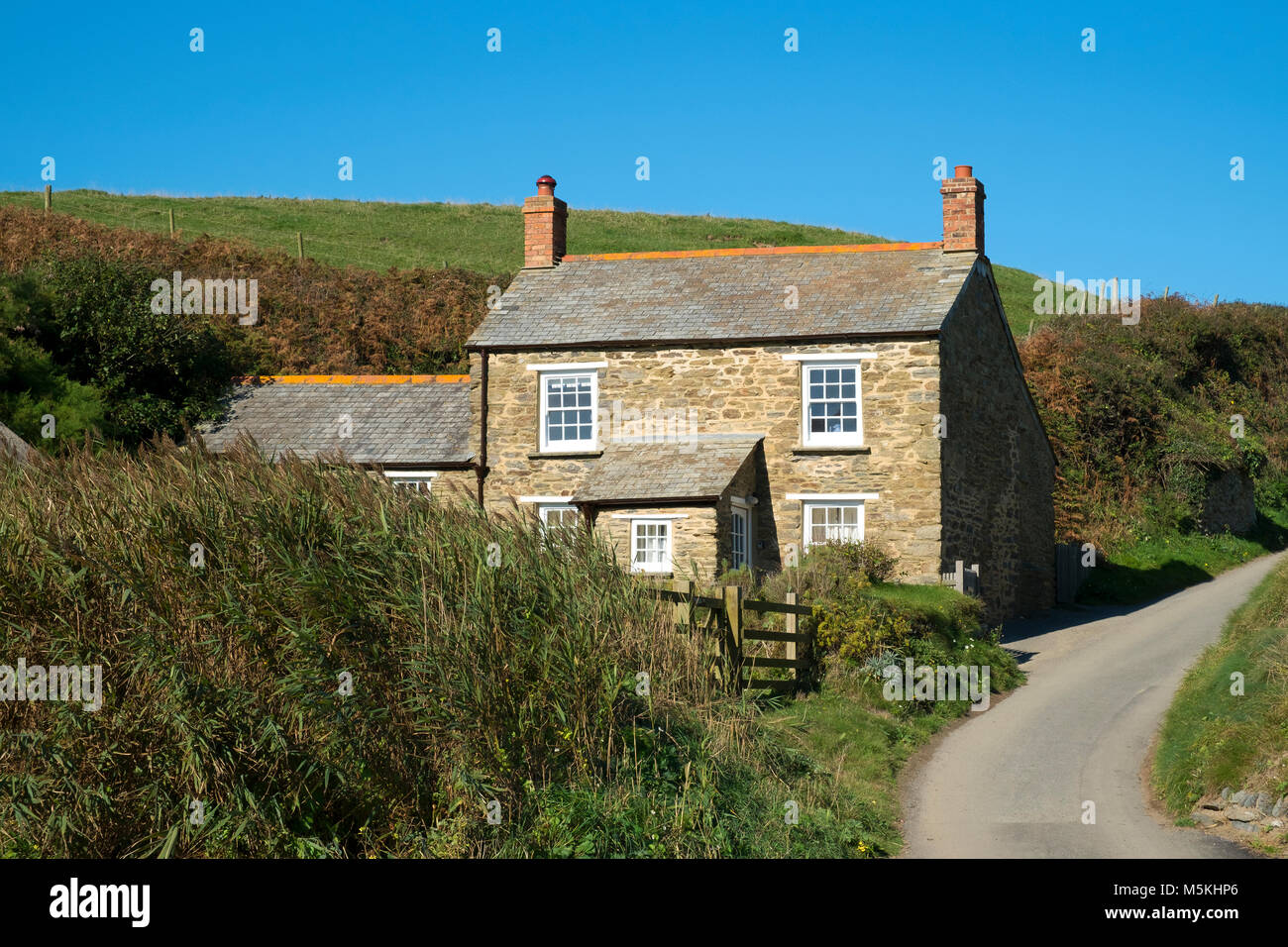 granite stone cottage at hemmick in cornwall, england, uk. Stock Photo