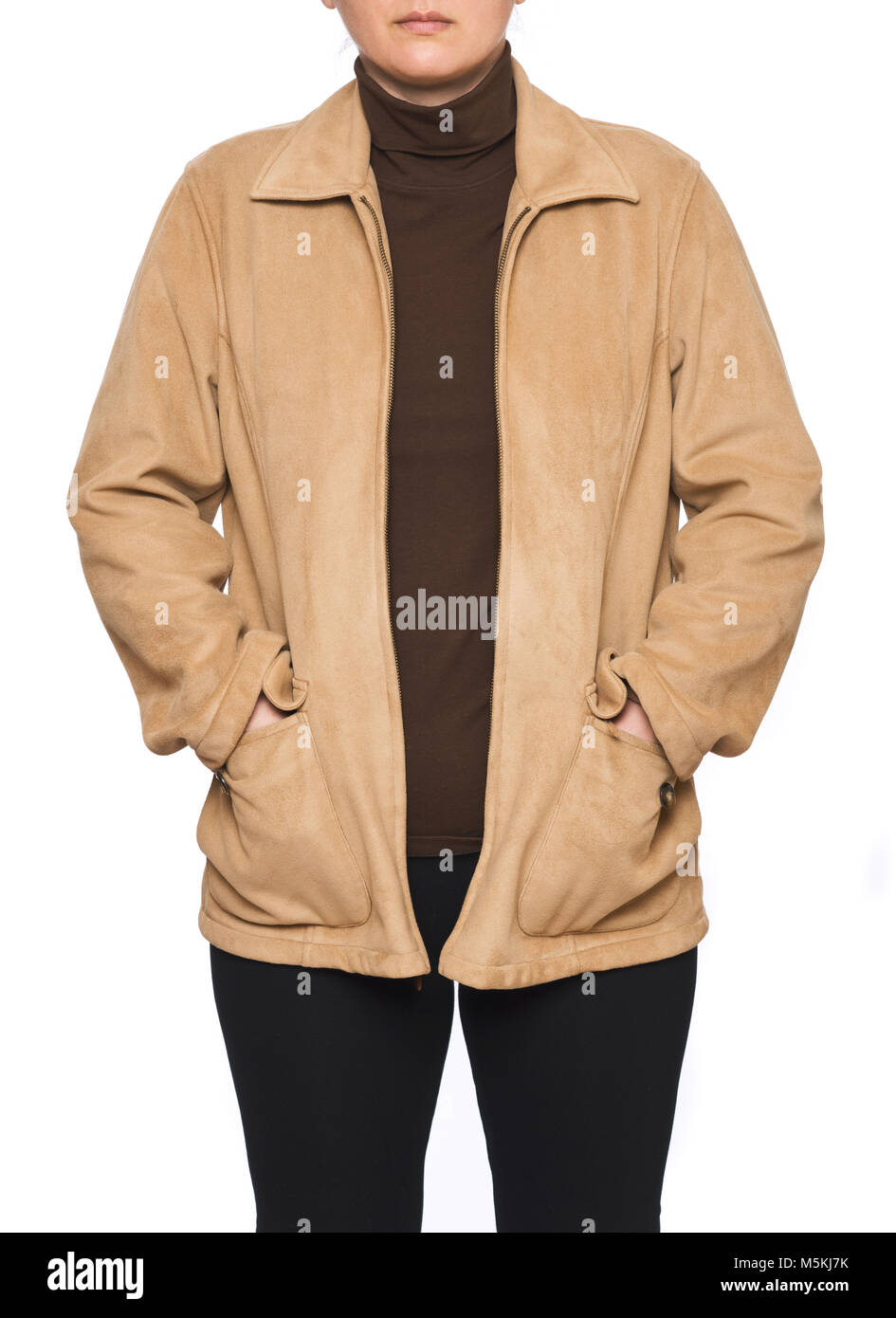 Young woman wearing wool-blend everyday holly wood jacket isolated on ...