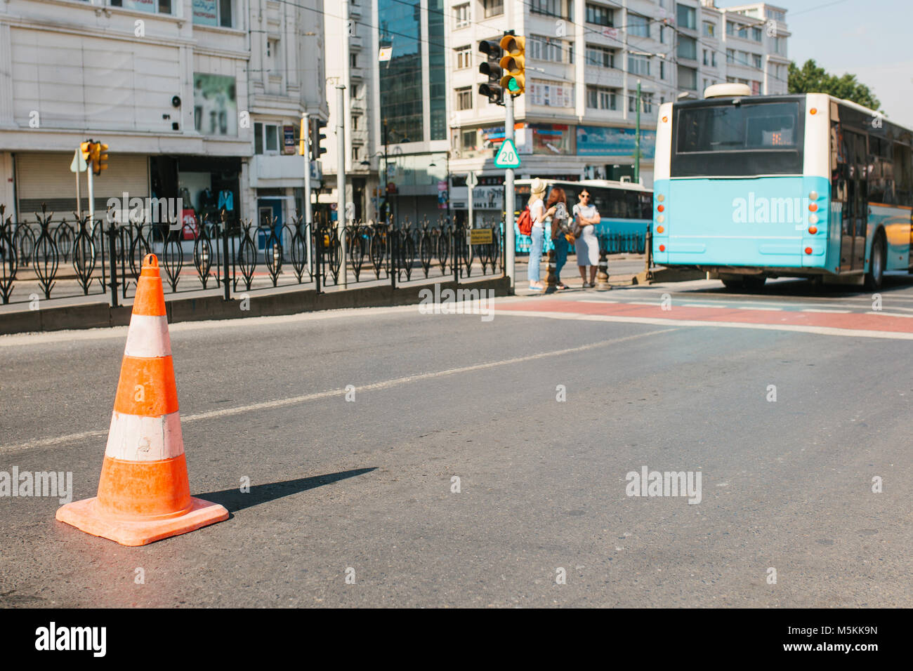 Road cone on the road. Road sign. Road works on the streets of Istanbul in Turkey. Sign. Stock Photo